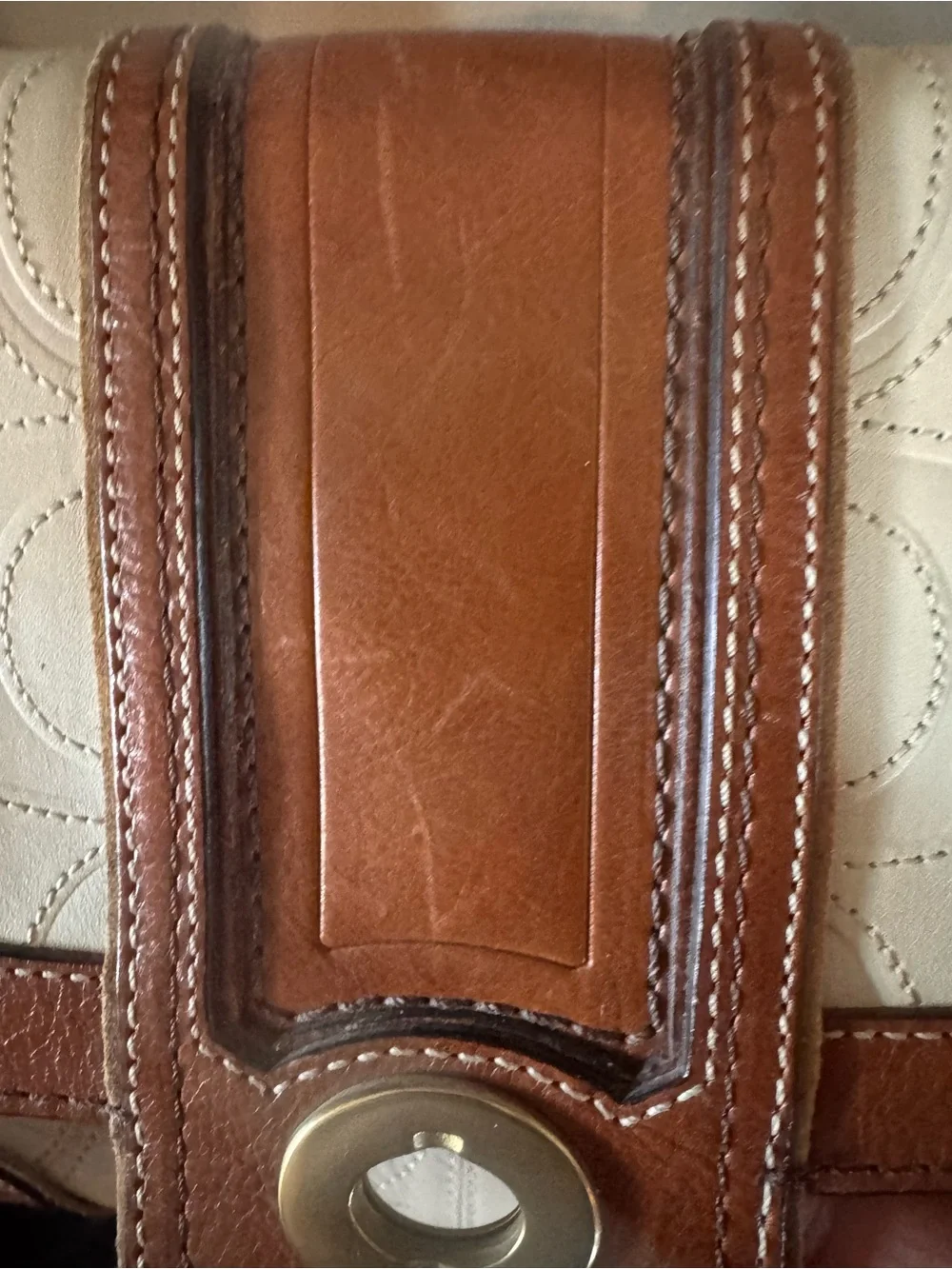 Coach Hampton Signature Embossed Leather Satchel -Cream with Saddle Brown Trim - Picture 16 of 16
